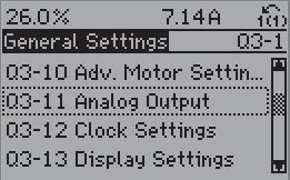 6. Programmering av n 130BT114.10 130BT116.10 Illustration 6.6: Steg 5: Använd navigeringsknapparna upp/ned för att bläddra ned till 03-11 Analoga utgångar. Tryck på [OK] Illustration 6.