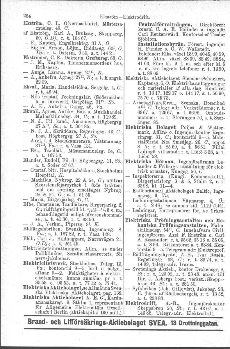 284 Ekström Elektrodrif t. Ekström, C. 1., Öfvermaskinist, Mästersa Centralförvaltningen. Direktörer: muelsg. 48, O. konsul C. A. E. Bolinder o. ingenjör af Ekström, Karl A., Bruksäg., Skeppareg.