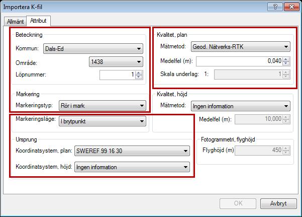 Läsa in k-fil till GEOSECMA Lantmäteri Byt till Attributfliken, kontrollera och komplettera ev.