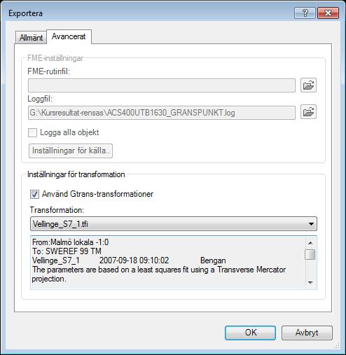 Exportera filer från GEOSECMA Lantmäteri Transformera till annat koordinatsystem: Byt till fliken