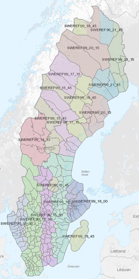 SWEREF 99 Våra databaser transformerades om i januari 2007 till nästan SWEREF 99 TM Nya transformationssamband togs fram för respektive kommun Det finns 12 lokala SWEREF-zoner Kartan visar