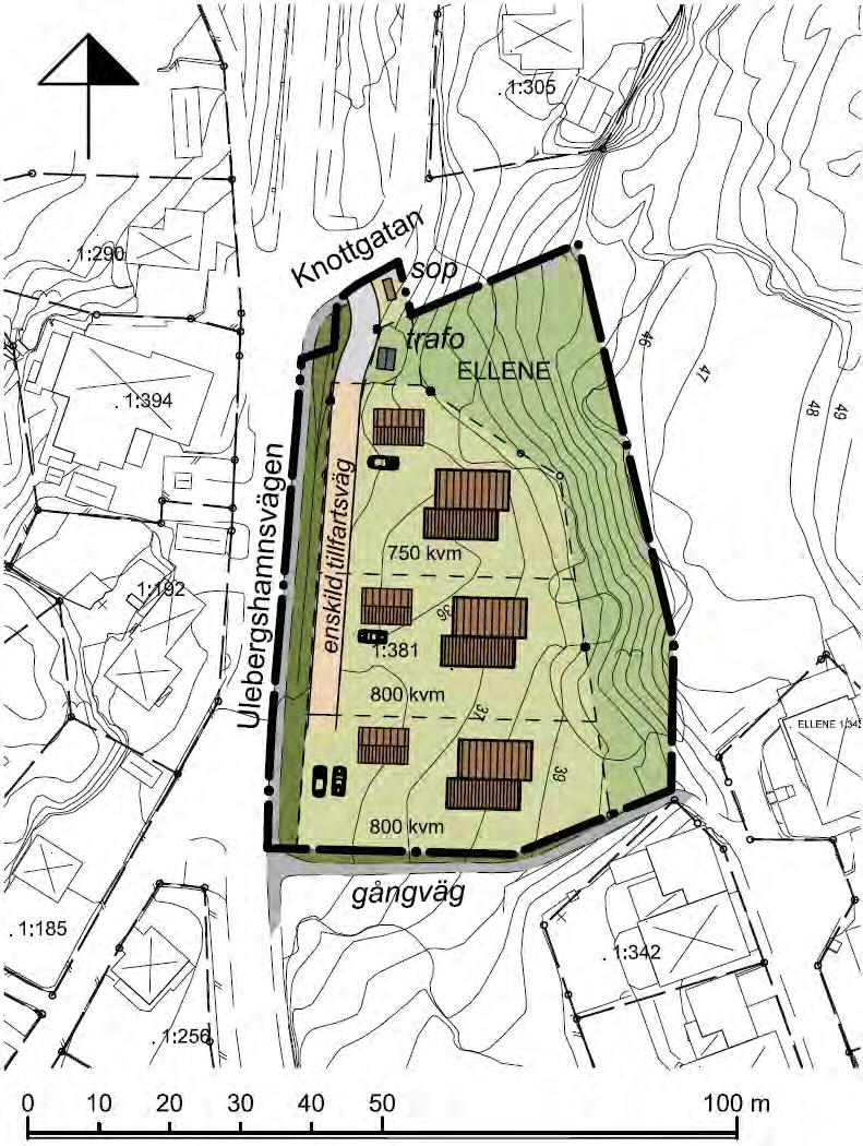 13 Planförslag. Illustration över föreslagen fastighetsindelning och möjlig utbyggnad inom planområdet. Planområdet markerat med svart streckad linje.