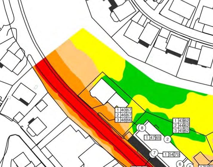 20 Ellene 1:322 Dygnsekvivalenta ljudnivåer 2m över mark, sommartrafik 2021, 40 km/h. (Soundcon AB). förläggas närmare Ulebergshamnsvägen har införts på plankartan.