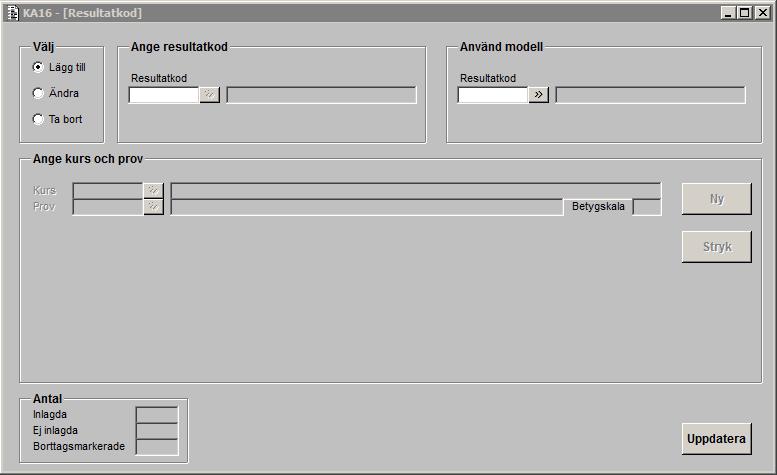 Lotten Hultgren Viklund 2014-03-18 18 (19) [KA16F00G] Funktionshjälp KA16F00G - Resultatkod Senast uppdaterad: 2013-08-08 Välj i radiogruppen om du skall lägga till, ändra eller ta bort resultatkod.