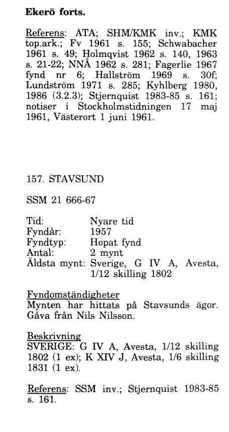 Ekerö forts. Referens: ATA; SHM/KMK inv.; KMK top.ark.; Fv 1961 s. 155; Schwabacher 1961 s. 49; Holmqvist 1962 s. 140, 1963 s. 21-22; NNÅ 1962 s. 281; Fagerlie 1967 fynd nr 6; Hallström 1969 s.