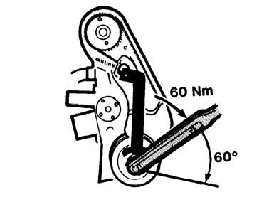 4 Ta bort mutter och bricka från remspännaren. Anbringa mothåll 999 5284. Sätt fast det med mutter. Dra vevaxelskruven: Etapp 1 60 Nm (60 kpm) Etapp 2 vinkeldra 60 Ta bort mothåll 999 5284.