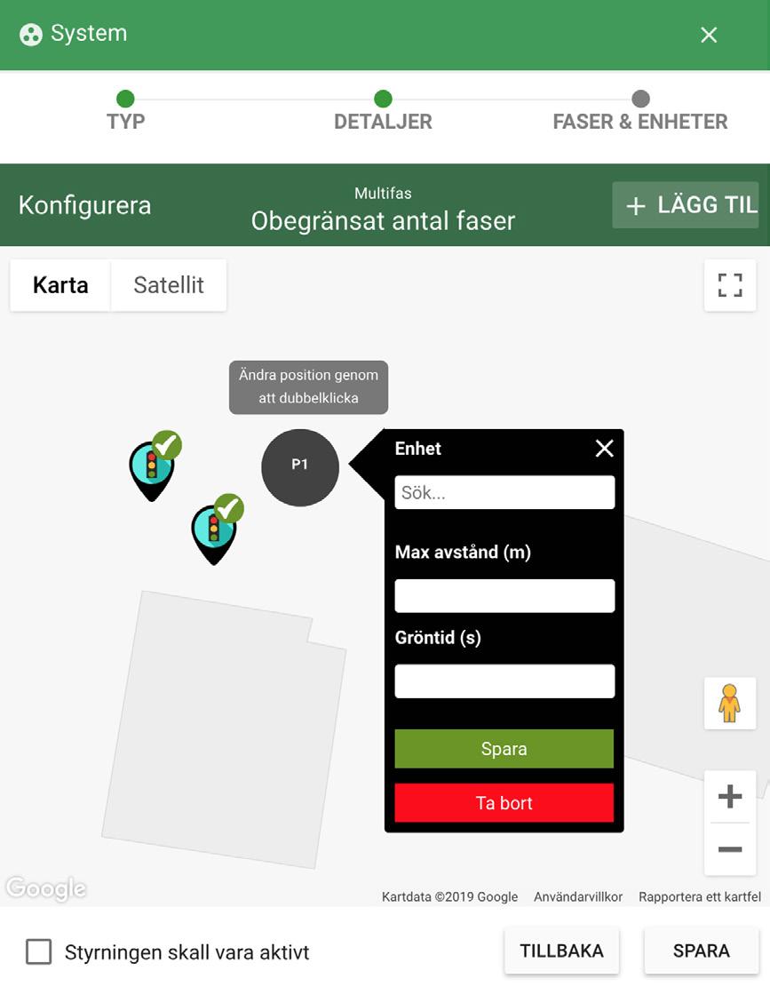 Siktet blir en svart cirkel som symboliserar fas 1. Samtidigt öppnas en ruta och i denna fyller man i de inställningar som man vill skall gälla för fasen.