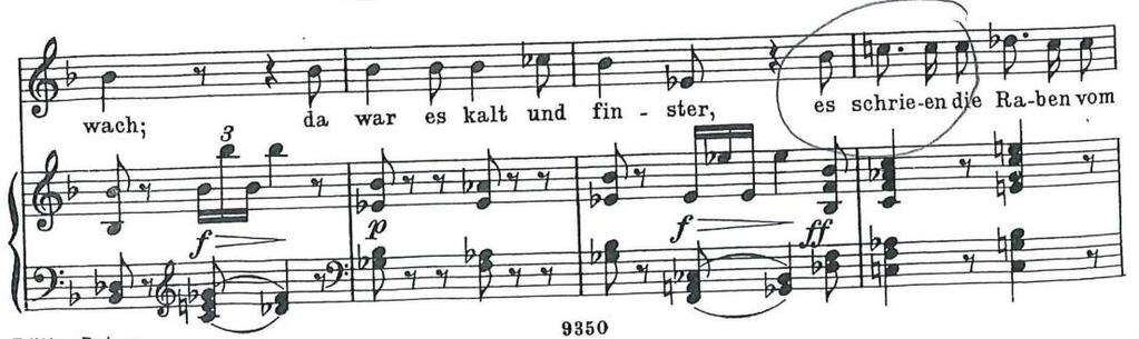 12 F. Schubert, Winterreise, Frühlingstraum. Takt 18-25. Da war es kalt unt finster, es schrieen die raben vom dach, där var det kallt och mörkt, där skriker korparna från taken.