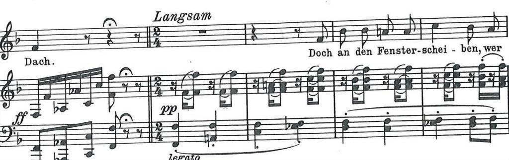 13 F. Schubert, Winterreise, Frühlingstraum. Takt 26-30. Efter detta kommer vi till nästa del av stycket som har tempobeteckning Langsam och är även i 2/4.