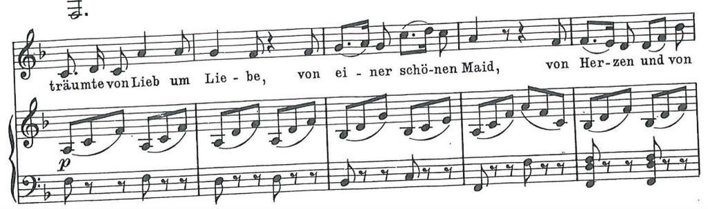 Ord som lyfter fram den härliga känslan. Dra ut på ordet Lieb och Liebe som om man njuter av att bara säga det. F. Schubert, Winterreise, Frühlingstraum. Takt 53-56.