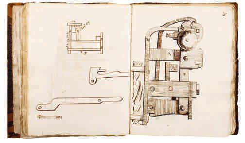 Carl Johan Cronstedts skissbok Machiner som till största dehlen äro uti wärket stelte af Commercie Rådet Polheim från 1729 i vilken termen det mekaniska alfabetet för första gången förekommer är