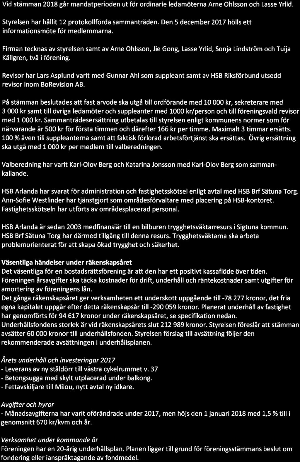 HSB Brf Sätuna Trg, Org. nr. 716420-0268 2 Vid stämman 2018 går mandatperiden ut för rdinarie ledamöterna Arne Ohlssn ch Lasse Yrlid. Styrelsen har hållit 12 prtkllförda sammanträden.
