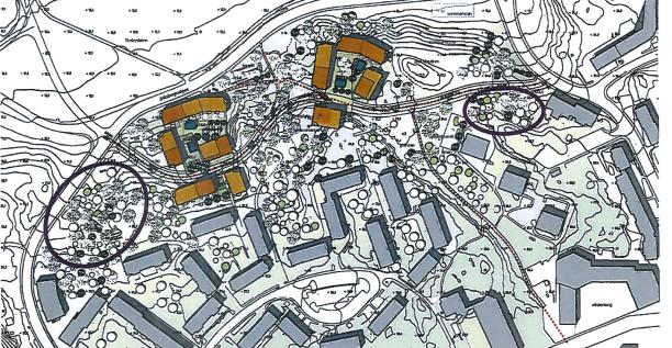Illustration från Wallenstam AB med förslag till lokalisering av flerbostadshus, samt övriga platser som kan vara lämpliga för exploatering inom föreslaget planområde.