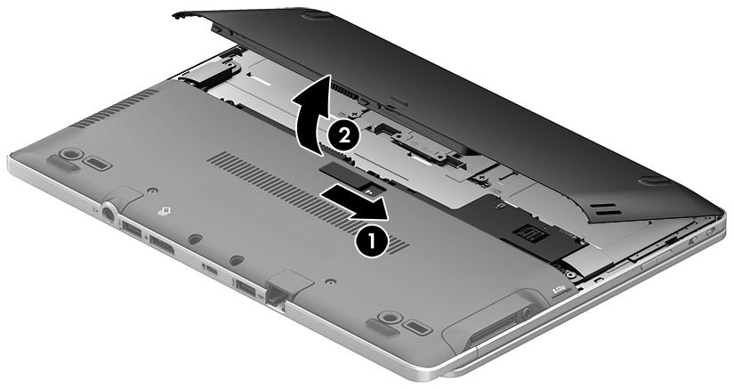 3. Vinkla batteriet uppåt (2) och ta ut det ur datorn (2).