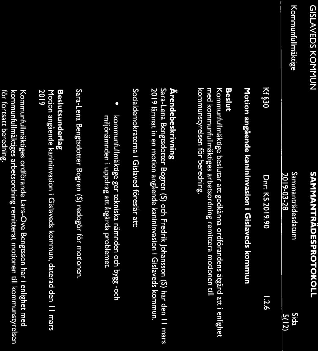 20190328 5(12 ) Kf30 Dnr: KS.2019.90 1.2.6 Motion angående kanininvasion i Gislaveds kommun Kommunfullmäktige beslutar att godkänna ordförandens åtgärd att i med kommunfullmäktiges arbetsordning