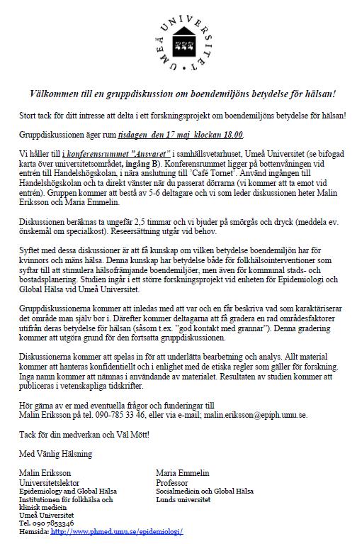 Studie 2 Vad kännetecknar ett hälsofrämjande bostadsområde?