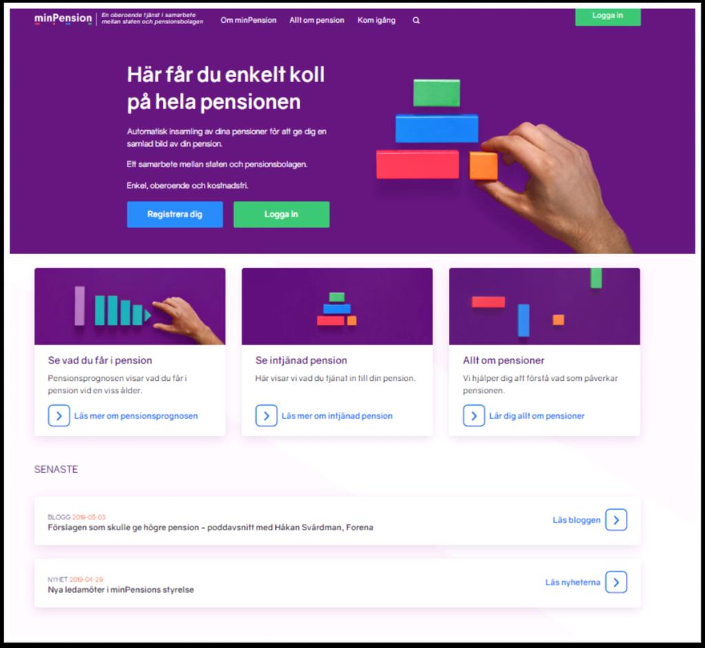 På landningssidan hittar du inloggningen och information om verktygen På minpensions landningssida hittar du bland annat - Information om de olika