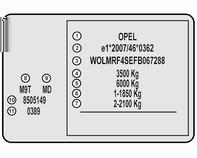 maximalt tillåtet bakaxeltryck i kg 8 : motortyp 9 : motorns identifieringskod 10 : tillverkningsnummer 11 : fordonets färgkod Observera! Typskylten på din bil kan avvika från illustrationen nedan.
