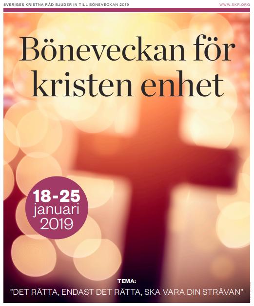 Program för Ekumeniska Böneveckan 2019 (med reservation för förändring) Fre 18/1 12:00 Lunchbön EFS (med mässa) Lör 19/1 kl. 08.00-17.00 Plats för bön i Equmeniakyrkan.