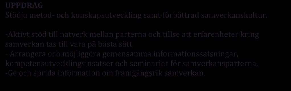 Verksamhetsinriktning 2015 Förbundets uppdrag är tvådelat; dels att främja och bidra till utvecklad samverkanskultur genom att stödja kompetensutveckling och ökad kunskap (t.ex.