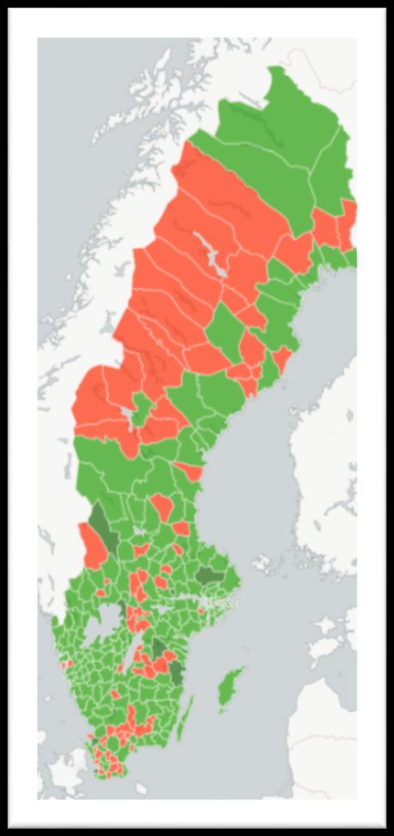 Kartläggning; kommuner med Ungdomsmottagning Mörkgrön: Fler än en