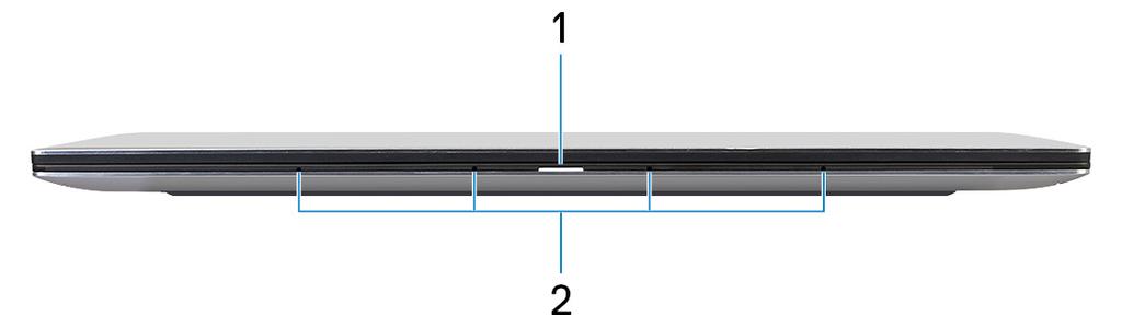 2 Vyer av XPS 9380 Framsida 1 Kort för ström/batteristatuslampa Anger datorns ström- och batteristatus. Fast vitt sken nätadaptern är ansluten och batteriet laddas.