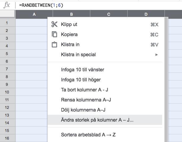 Behåll markeringen A1 till J10. 2. Nu ska vi centrera vi våra resultat. Det gör vi genom att klicka på den här symbolen i verktygsfältet. 3. Därefter ändrar vi storleken på kolumnerna.