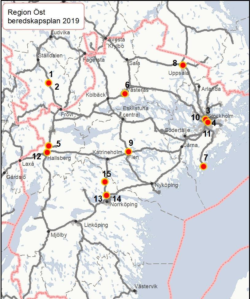 Nr Sträcka Beskrivning Trafikpåverkan 1 (Ställdalen)- Storå 2 Storå- Lindesberg 3 Stockholm Central- Karlberg 4 Stockholm Central- Solna 5 Kumla- (Hallsberg) 6 Västerås Norra- Västerås Central 7