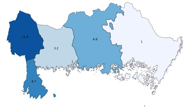 fem kommuner ökade under året.