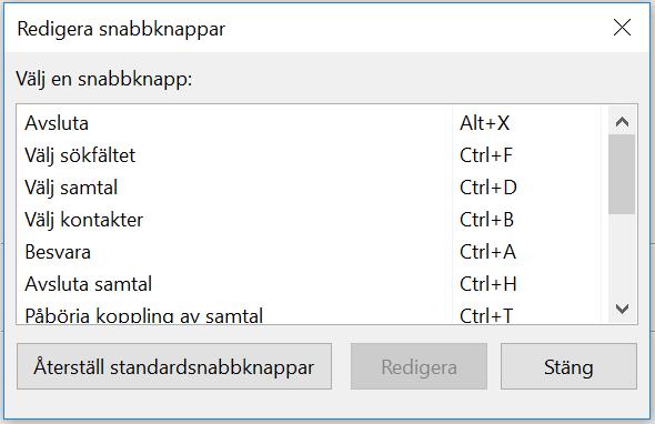 Ställ in snabbknappar Om du trycker på knappen Keyboard öppnas dialogrutan Snabbknappar. Dialogrutan visar alla aktuella tangentbordsgenvägar.