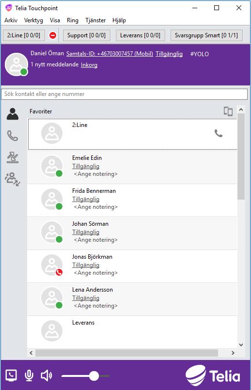 LÄR KÄNNA TOUCHPOINT SOFTPHONE Översikt av normalvyn 1 2 3 4 5 Denna vy i Softphone kallas för normalvyn.