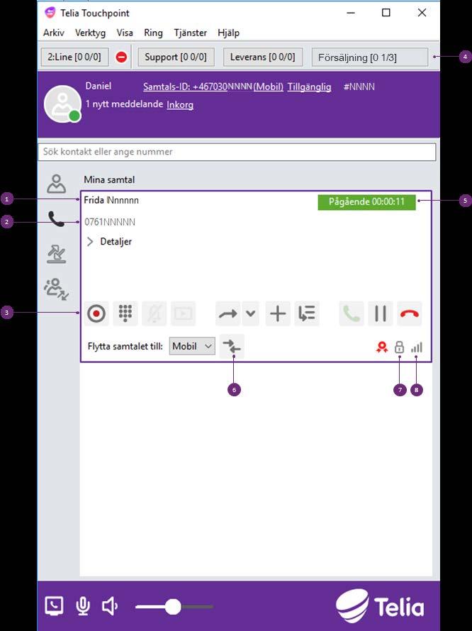 RINGA Samtalspanelen 1 Samtalspartnerns namn 2 Samtalspartnerns nummer 3 Alternativ under samtal. Se ikonsektionen för beskrivning 4 Du är inloggad i bl.a. svarsgruppen som heter Försäljning.