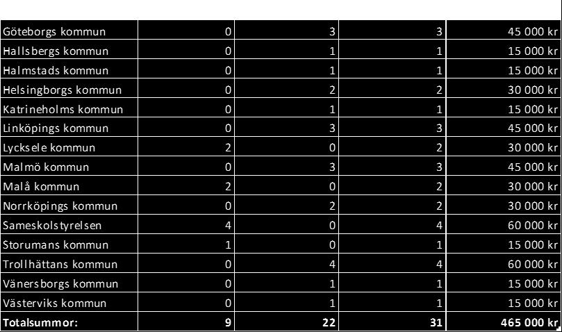 25 (29) Tabell 2. Kommuner/huvudmän med antal deltagare och språk som erhållit statsbidrag HT16.