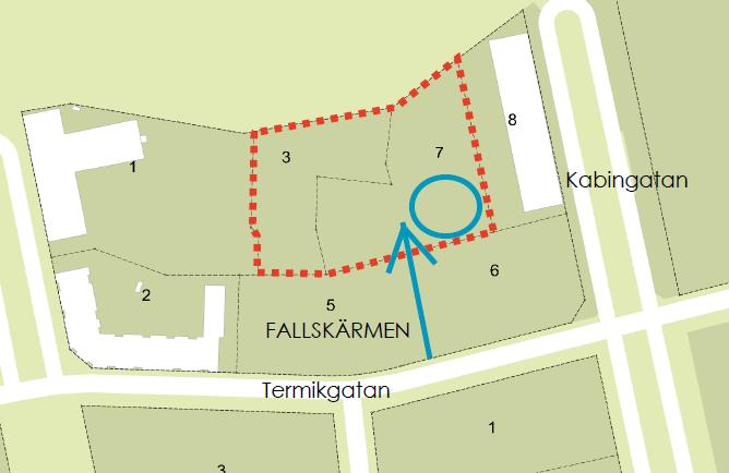 Trafik och parkering Infart till området ska ske från Termikgatan, på den kvartersgata som är belägen mellan fastigheterna Fallskärmen 5 och 6. Infart via gårdsstråket från Kabingatan godkänns ej.