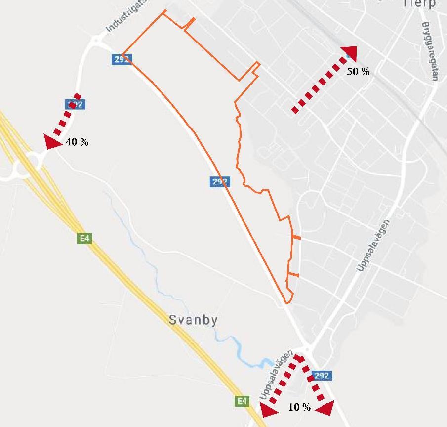 Figur 4 Antagen riktningsfördelning från Siggbo Av den tillkommande trafiken från norra Siggbo antas trafiken med målpunkt mot