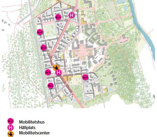 ULLERÅKER PRINCIPER FÖR LOKALISERING I Ulleråker är mobilitetshusen lokaliserade i områdets yttre delar, i anslutning till det övergripande vägnätet och med målet att minst 80 % av bostäderna ligger
