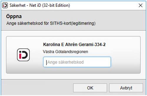Välj Ok. Därefter anges sexsiffrig legitimeringskod för tjänstekortet.