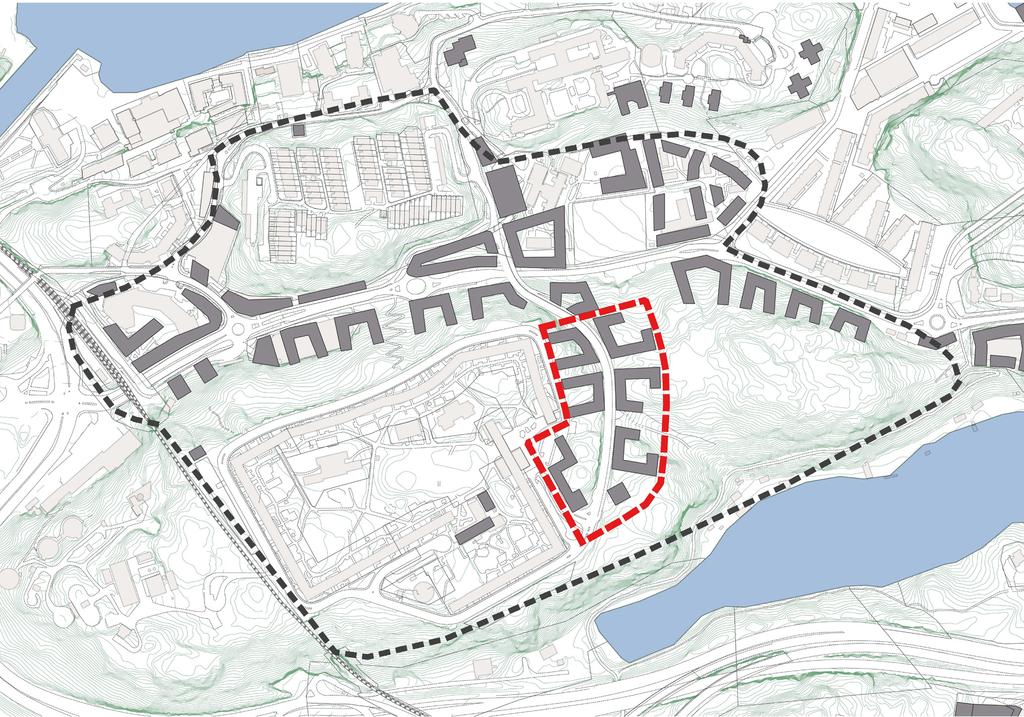 Programområde Henriksdal. Detaljplaneområdet är markerat med rödstreckad linje. HENRIKSDALSBACKEN DEL AV HENRIKSDAL, ETAPP 1 Välkommen att delta i den första markanvisningstävlingen i Henriksdal.