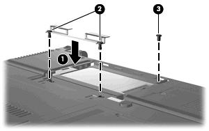 3. Luta hårddisken nedåt tills den sitter ordentligt (2). 4. Sätt tillbaka hårddiskens fasthållningsklämma (1). 5.