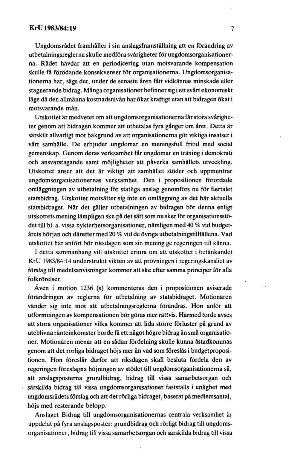 KrU 1983/84:19 7 Ungdomsrådet framhåller i sin anslagsframställning att en förändring av utbetalningsreglerna skulle medföra svårigheter för ungdomsorganisationerna.