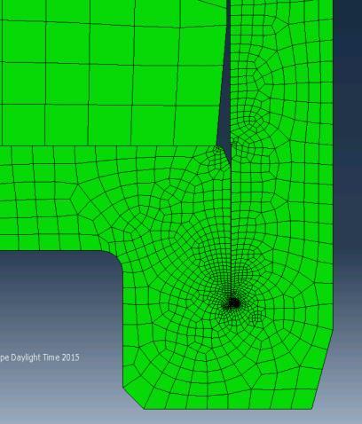 Figure 4-2: FE mesh of the bottom corner of the canister. Defect is modelled as in the friction stir weld region. Axisymmetric model.