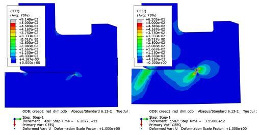 Figure 4-8: Equivalent creep strain (CEEQ) in the canister placed in a dry hole with a dimensioning temperature evolution just before 20.000 years (left figure) and at 100.