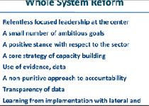 Whole system reform Outtröttligt och fokuserat ledarskap på högsta nivån Ett litet antal, högt ställda mål En positiv inställning till de professionella i