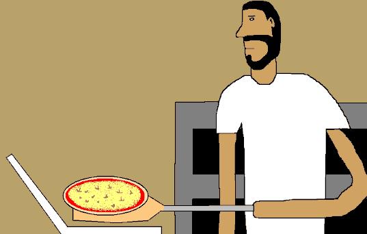 Pizzabagaren tar pizzan ur ugnen