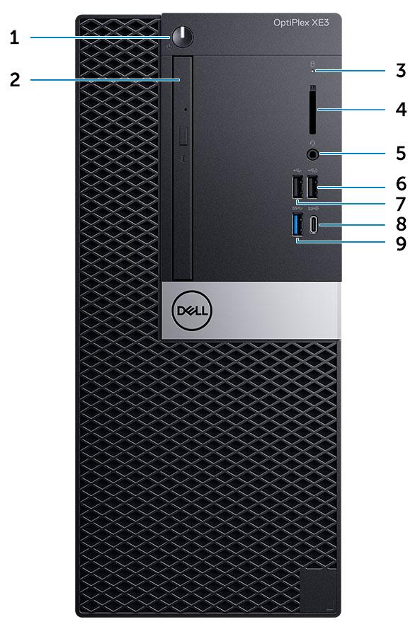 2 Chassit Systemets framsida 1 Strömbrytare eller strömlampa 2 Optisk enhet (tillval) 3 indikator för hårddiskaktivitet 4 Minneskortläsare (tillval)