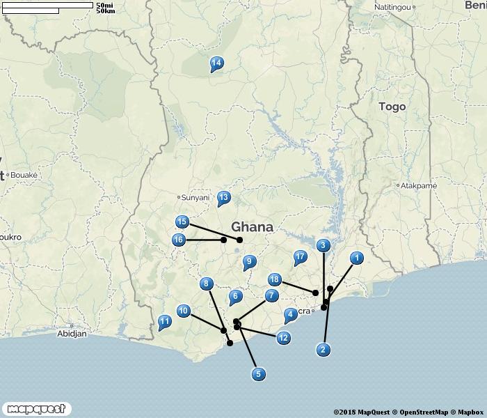 GHANA 1. Tema 2. Shai Hills 3. Sakumono lagoon 4. Winneba plains 5. Kakum NP 6. Pra River 7. Antwikwaa 8. Brenu Beach 9.