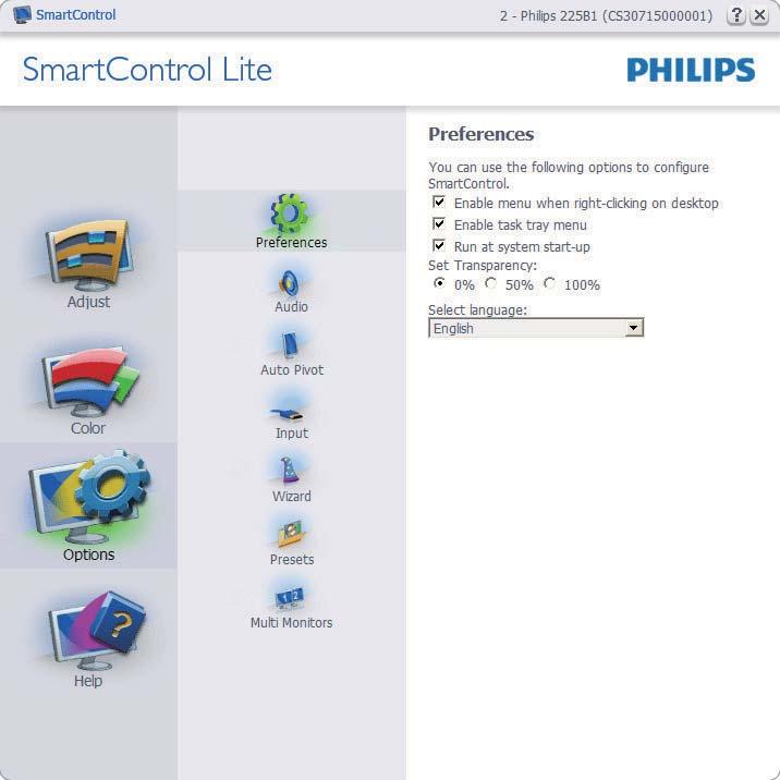 3. Bildoptimering Fösta färgkalibrerinsgfönstret: Options > Preferences (Alternativ > Preferenser) är endast aktivt när Preferences (Preferenser) väljs i rullgardinsmenyn Insticksprogram.