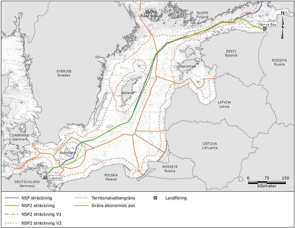 5 av 22 Figur 0-3 Föreslagen NSP2-sträckning i Östersjön. I danska vatten går den föreslagna NSP2-sträckningen uteslutande i EEZ söder och öster om Bornholm.