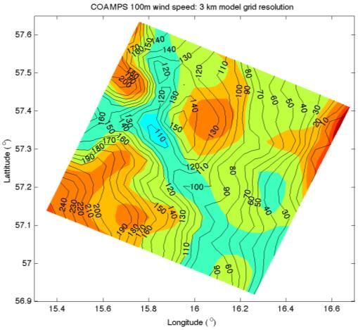 Figure 5-14: Average wind speed over the Ryningsnäs area as estimated using the COAMPS model with 3 km resolution (left) and 1 km resolution (right). Contour lines with labels show topography.