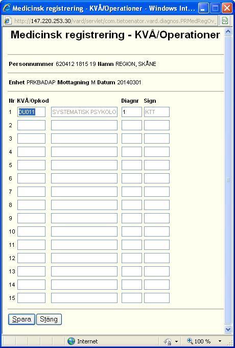 23 När fälten huvuddiagnos/ev. övriga diagnoser, Problemkod och KVÅ-kod är ifyllda klickar ni på Spara. Diagnoser inom vårdval Psykoterapi Individuell behandling ICD-10 Registreras i PASiS F32.